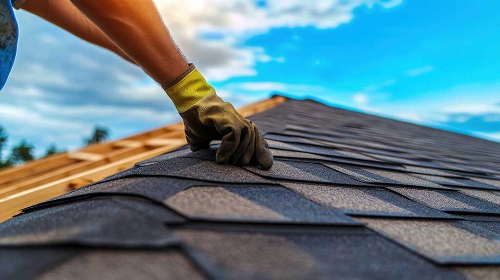 A roofer seals flashing around a vent pipe on a shingled roof using a caulking gun.
