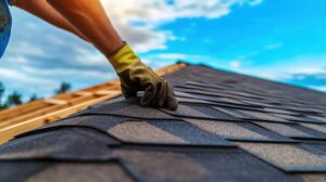 A roofer seals flashing around a vent pipe on a shingled roof using a caulking gun.